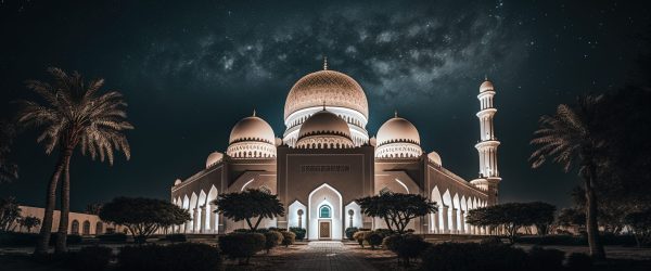 The beautiful serene Mosque at night in the blessed month of Ramadan, the illuminated . Generative AI.